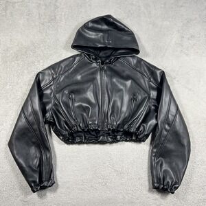 KHY Faux Leather Jacket Womens Medium Black Cropped Hooded Full Zip Lined
